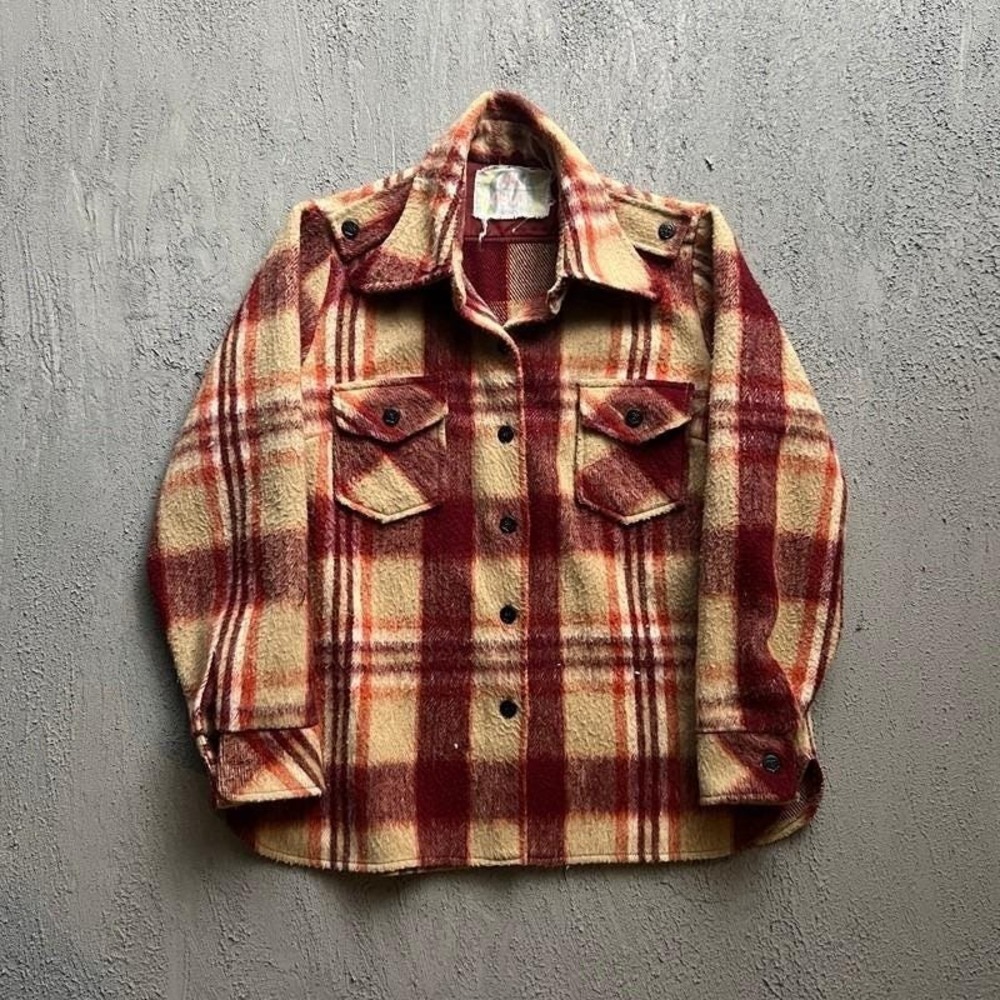 Vintage Plaid Shacket Mens Medium Beige 1970s Fuzzy Flannel Button Up Talk About